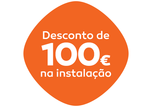 Losango laranja com a frase a branco "Desconto de 100€ na instalação".
