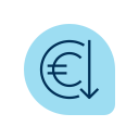 Um ícone azul-claro com o símbolo do Euro e uma seta para baixo, indicando desconto ou redução de preço.