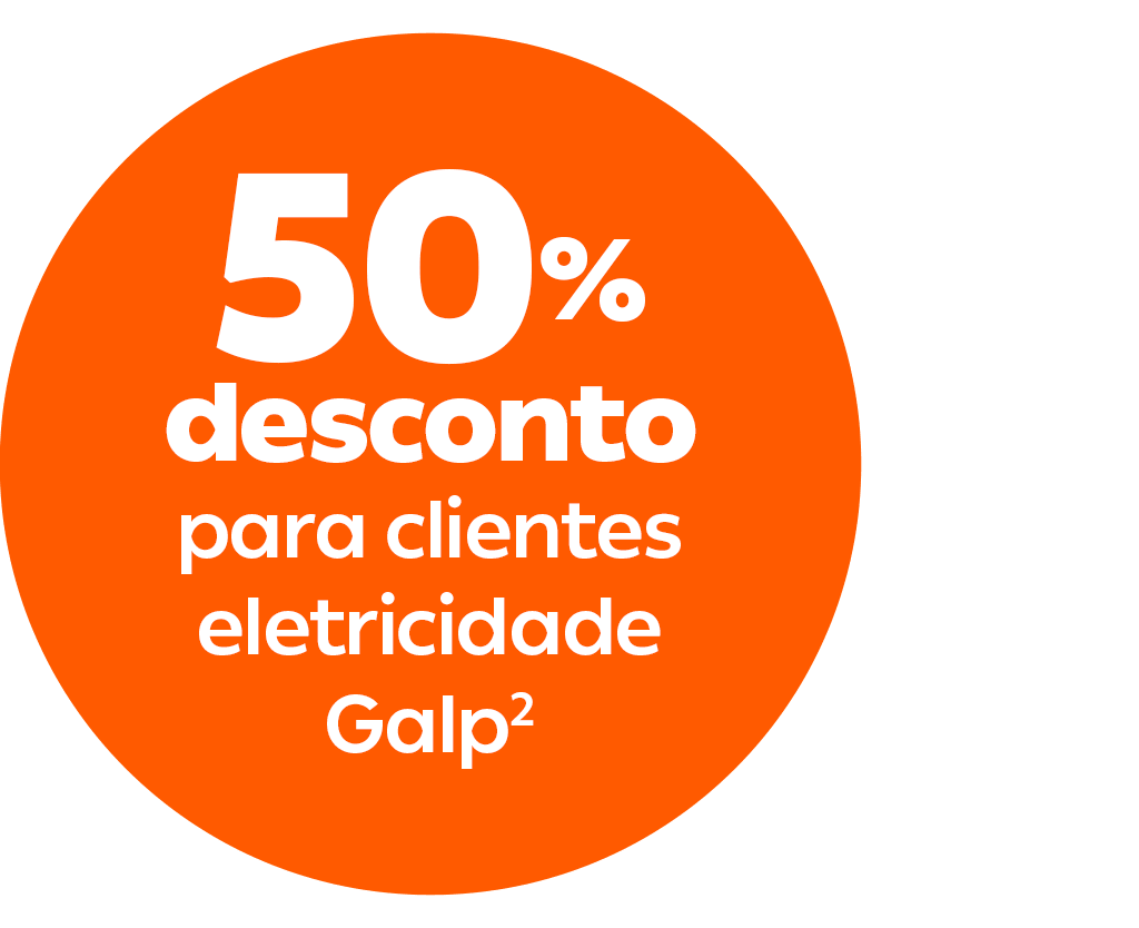 Um círculo laranja com o texto branco "50% desconto nas primeiras 12 mensalidades para clientes eletricidade Galp".