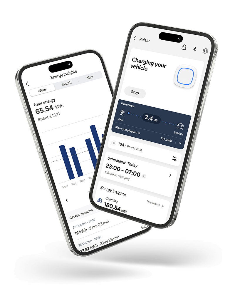 Dois smartphones exibem uma aplicação para gestão de carregamento de veículos elétricos e consumo de energia, com gráficos de dados e agendamento de carregamentos.
