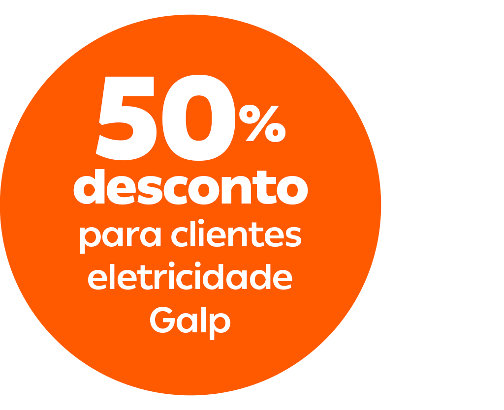 Um círculo laranja com o texto branco "50% desconto nas primeiras 12 mensalidades para clientes eletricidade Galp".
